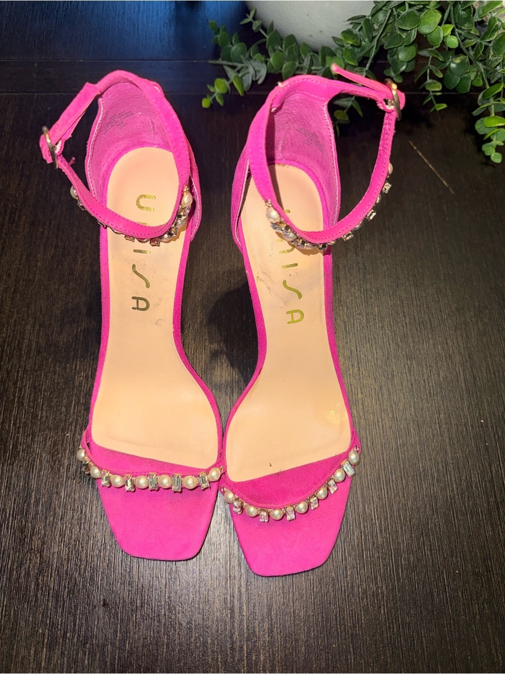 Unisa Hot Pink Rhinestone Pearl Heels Strappy Square Toe Sandals